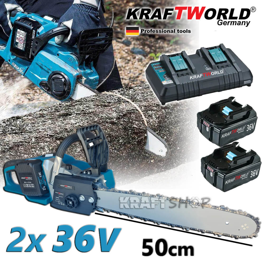 акумулаторна резачка за дърва KraftWorld 2х 36V 8Ah,  верижен трион с двойна батерия