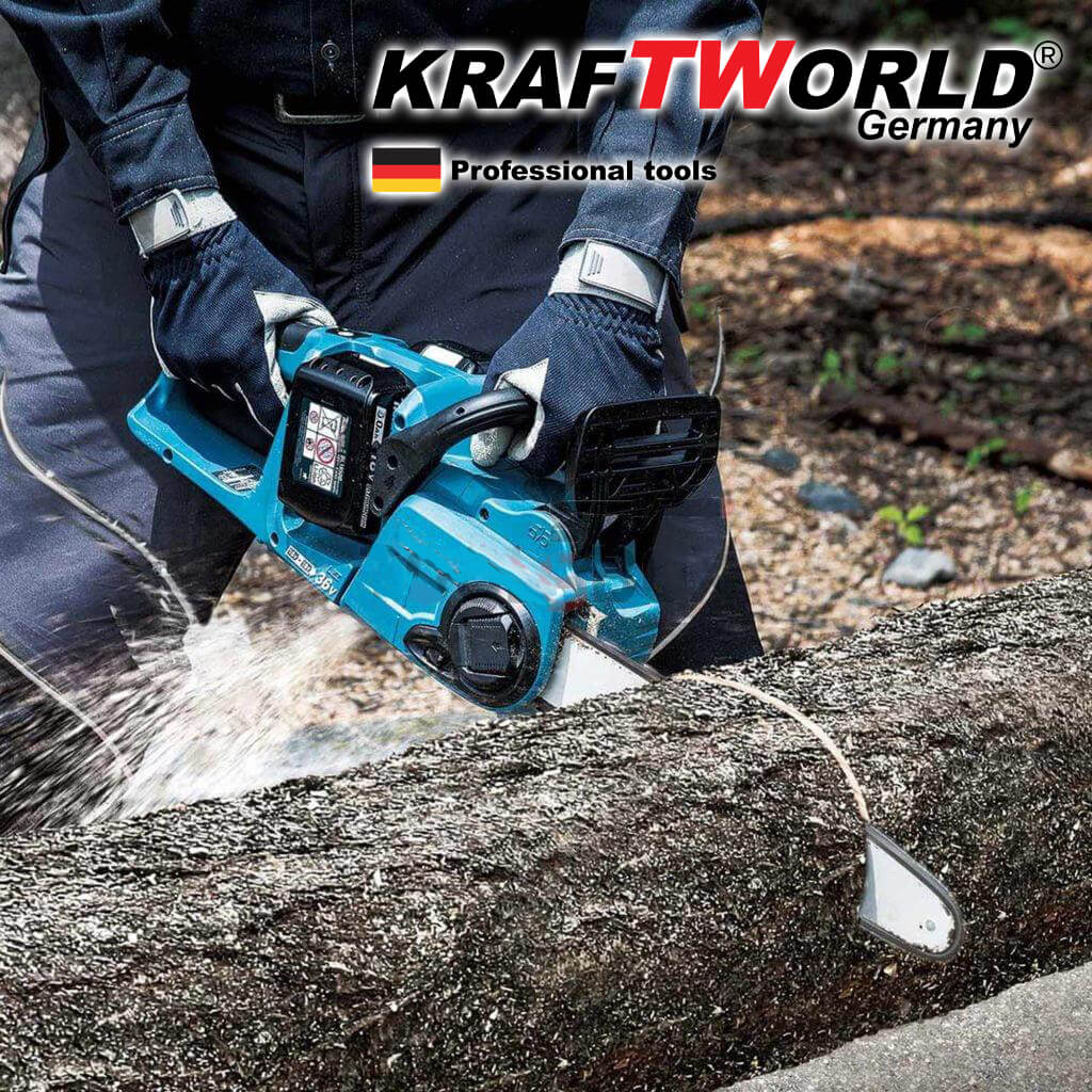 акумулаторна резачка за дърва KraftWorld 2х 36V 8Ah,  верижен трион с двойна батерия
