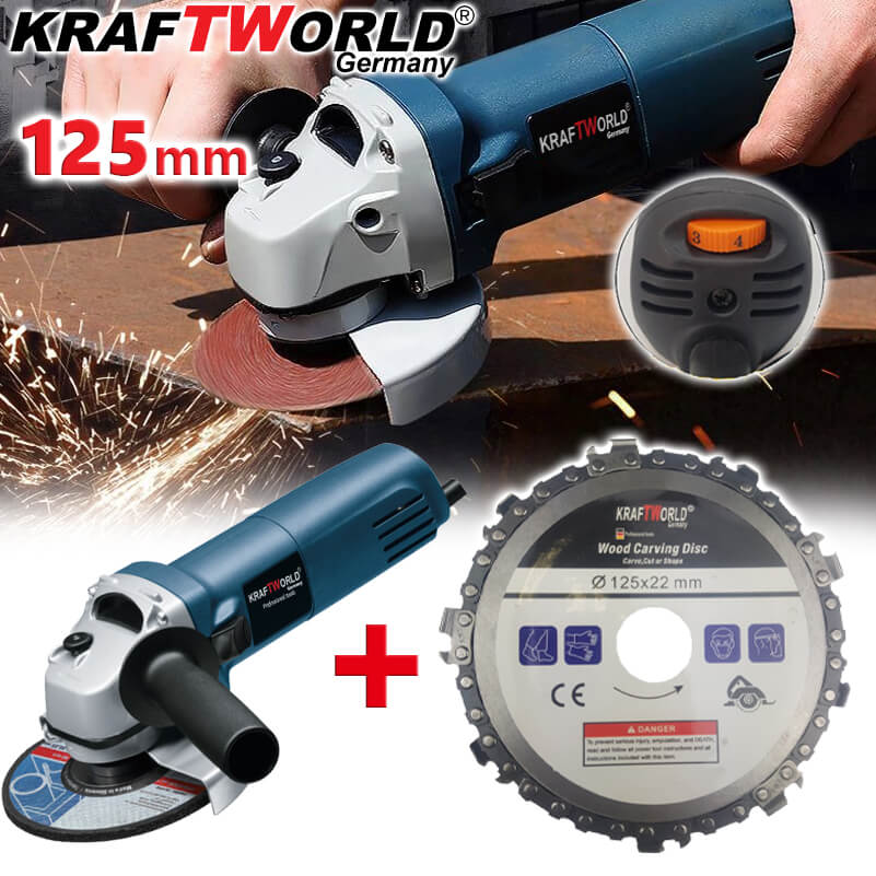 Ъглошлайф с регулация KraftWorld 125mm + Подарък Диск с верига
