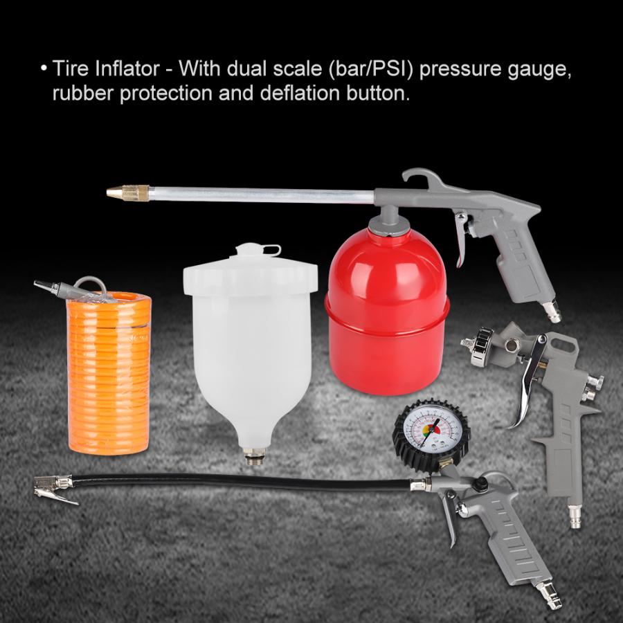 Комплект пневматични инструменти KraftWorld , 5 части, С бързи връзки, Пистолет за боя с горно казанче