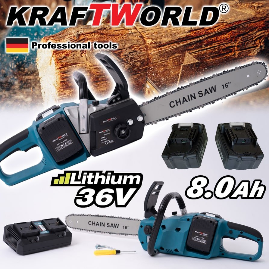 Резачка за Дърва KraftWorld 2х 36V 8Ah, акумулаторен верижен трион с двойна батерия