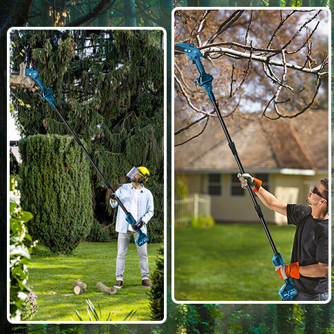 Комплект Телескопичен Прът и Мини Резачка KraftWorld Акумулаторен трион за клони с омасляване на веригата, 2бр Батерии и 2бр Верига