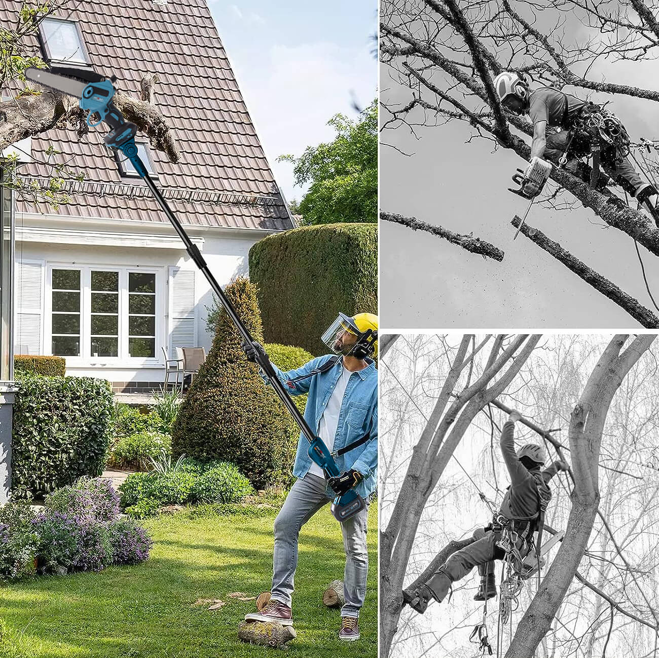 Комплект Телескопичен Прът и Мини Резачка KraftWorld Акумулаторен трион за клони с омасляване на веригата, 2бр Батерии и 2бр Верига