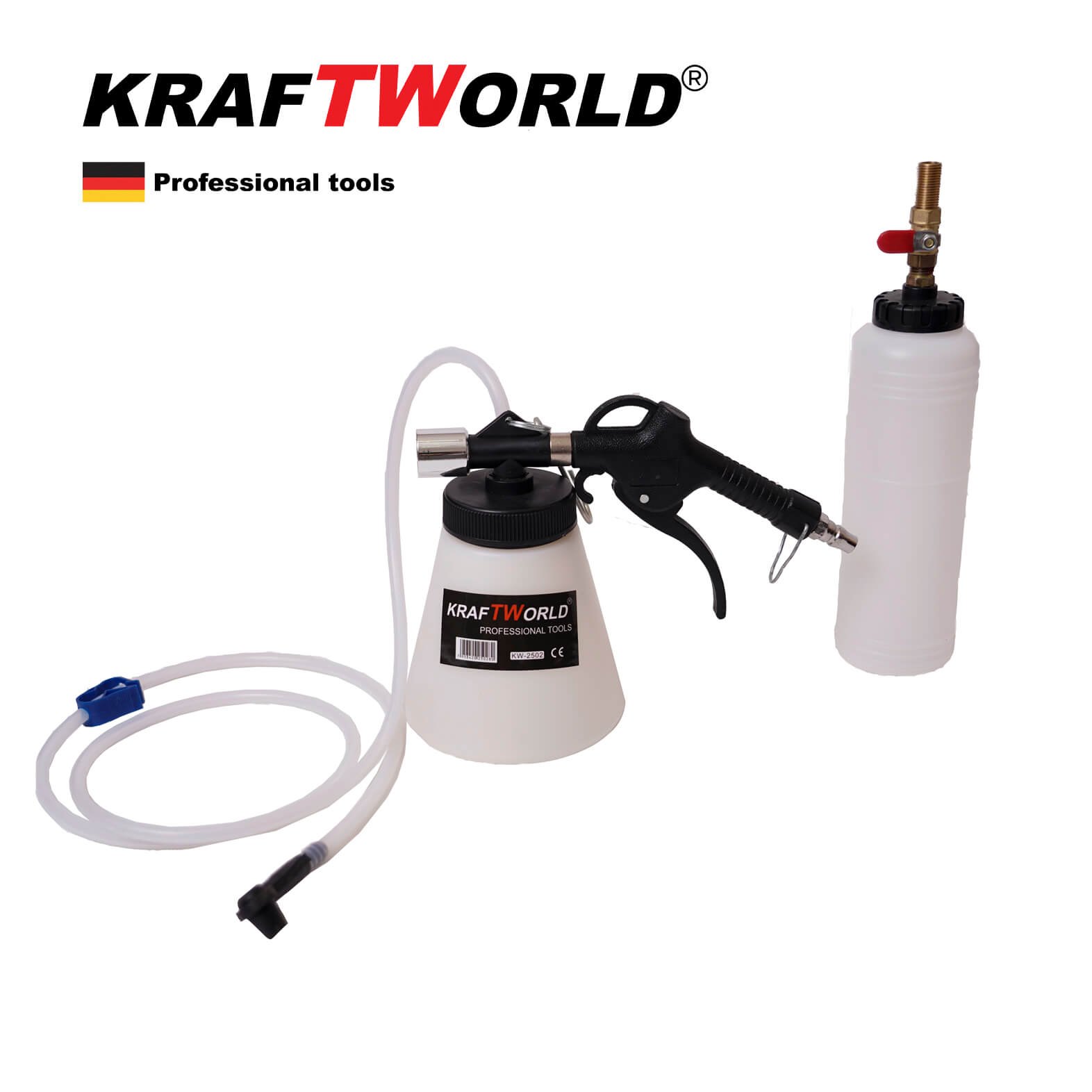 Пневматичен комплект KraftWorld за смяна на спирачна течност и обезвъздушаване на спирачки и съединители