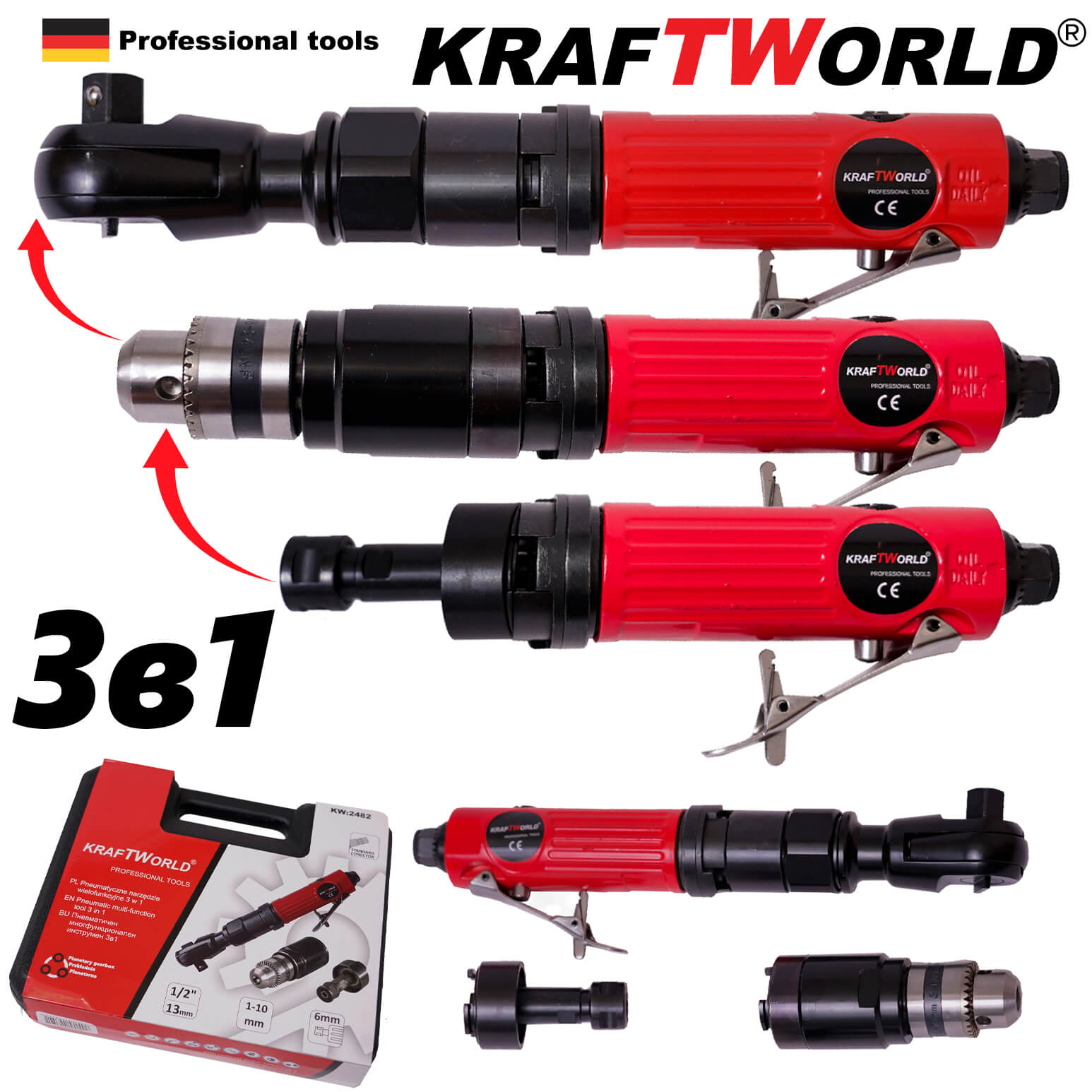 Пневматичен многофункционален инструмент 3 в 1 KraftWOrld  - Тресчотка, Бормашина, Шлифовалка 1/2''