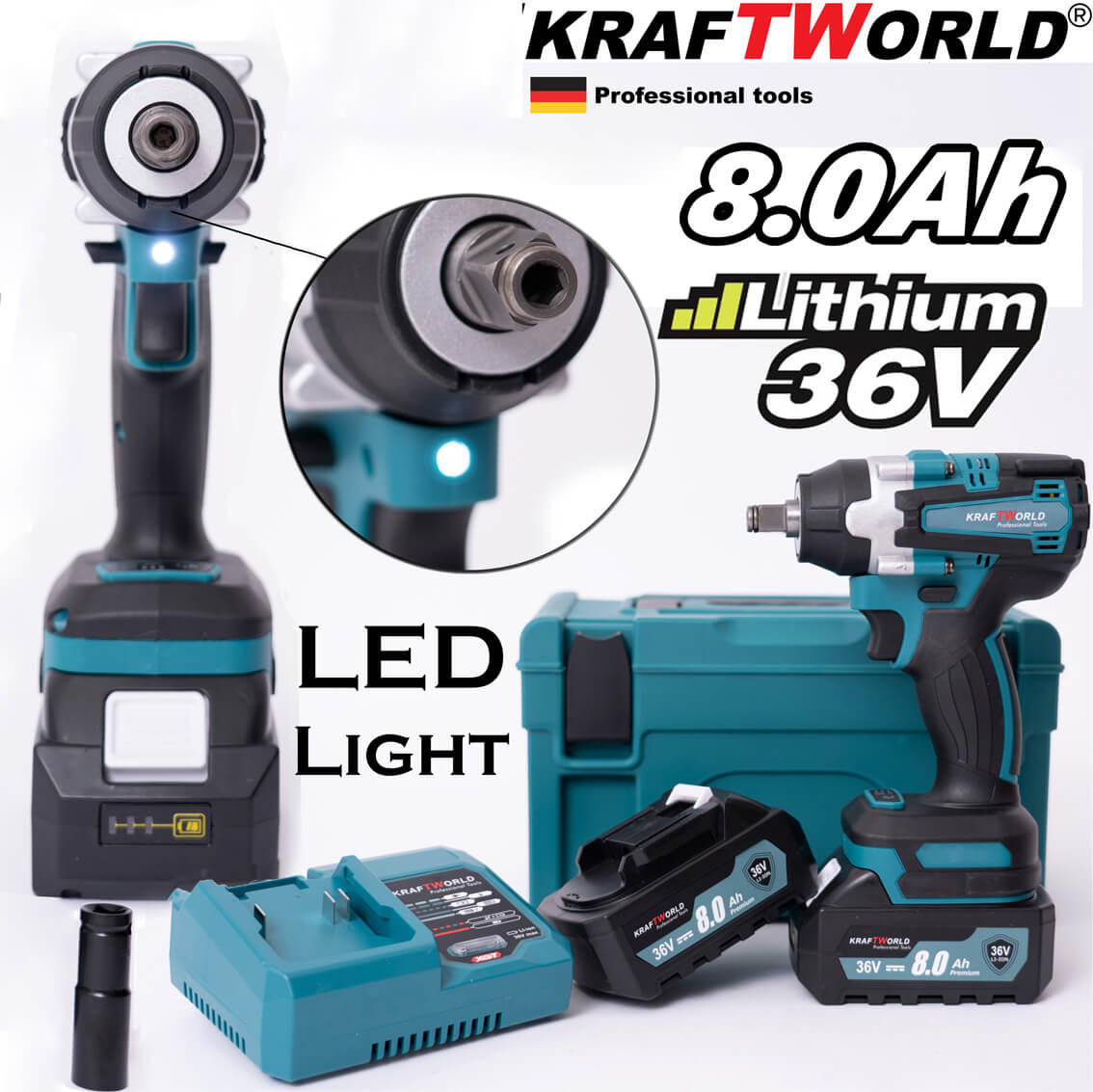 Комбиниран Безчетков акумулаторен ударен гайковерт KraftWorld с 2 батерии 36V 8Ah 