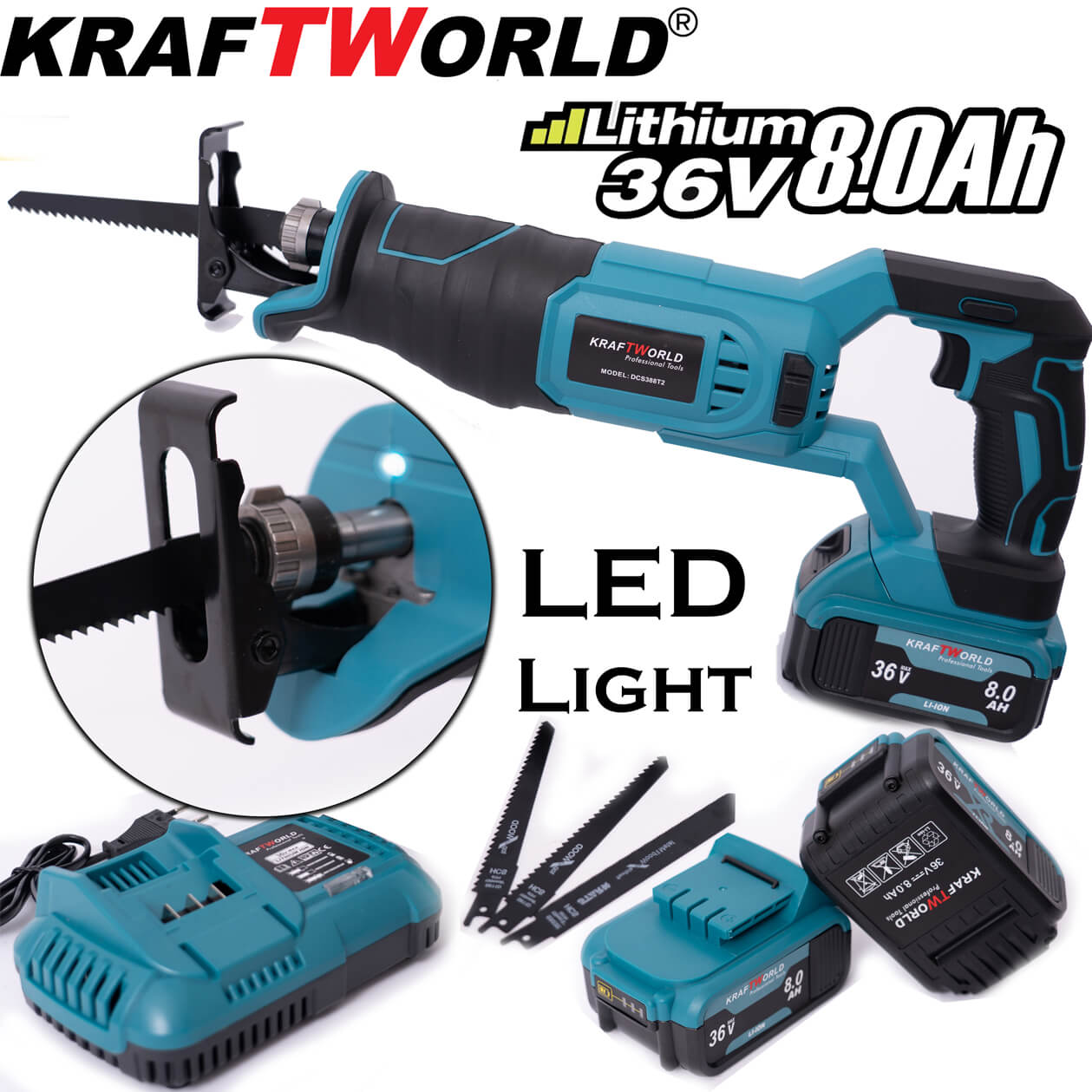 Акумулаторен Саблен Трион KraftWorld 36V 8Ah + ПОДАРЪК 3 ножчета