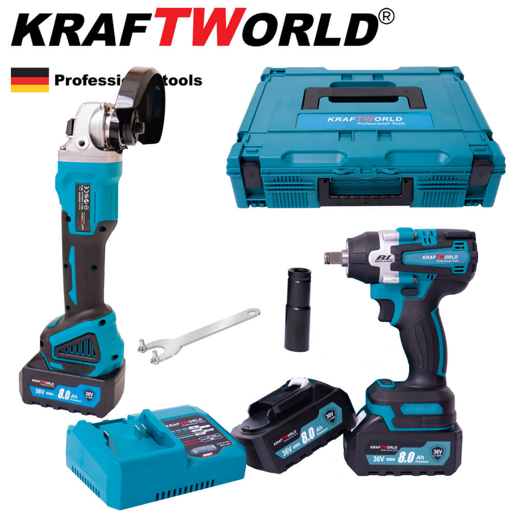 ПРОМО ПАКЕТ Безчетков Ъглошлайф и Комбиниран Акумулаторен Ударен Гайковерт-Винтоверт 850 N/m KraftWorld 36V 8Ah