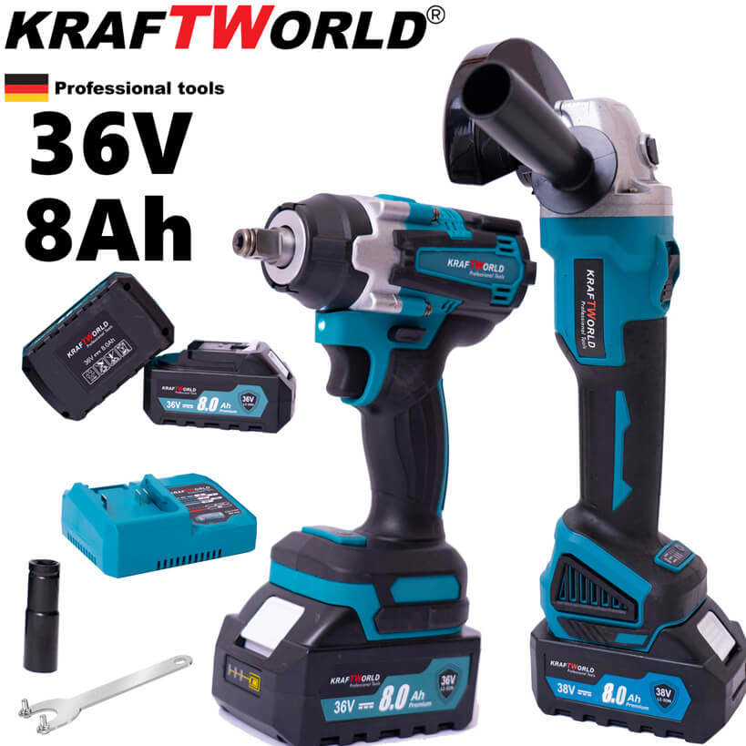 ПРОМО ПАКЕТ Безчетков Ъглошлайф и Комбиниран Акумулаторен Ударен Гайковерт-Винтоверт 850 N/m KraftWorld 36V 8Ah 