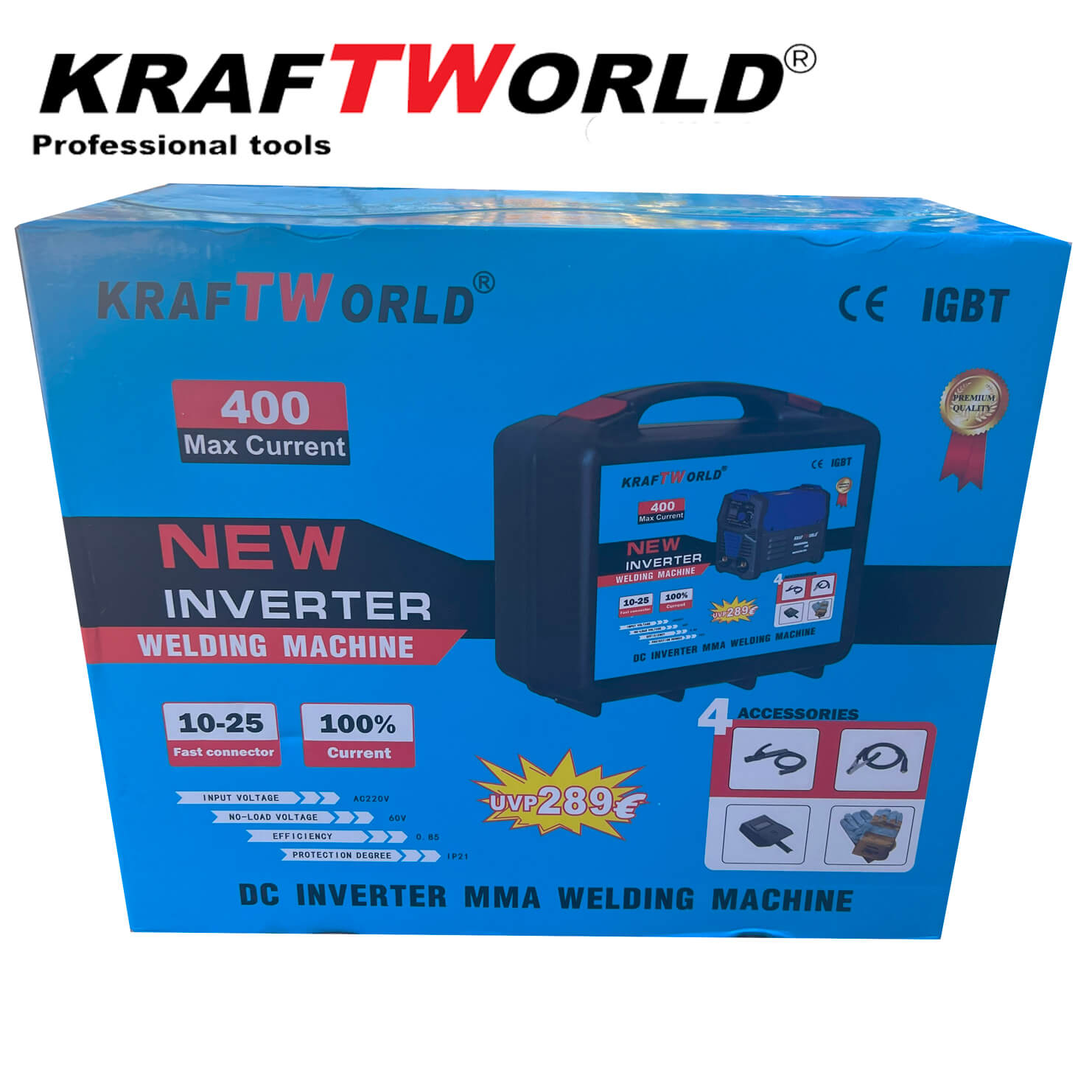 Инверторен Електрожен 400А KraftWorld с Дисплей и Куфар + Подаръци