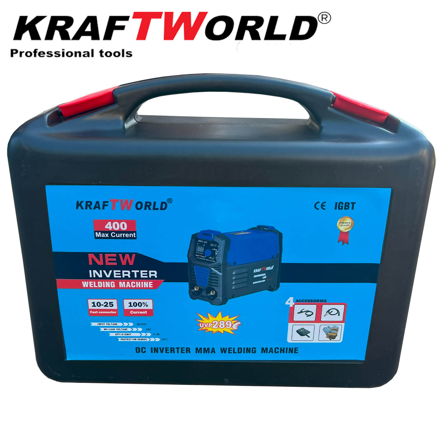 Инверторен Електрожен 400А KraftWorld с Дисплей и Куфар + Подаръци