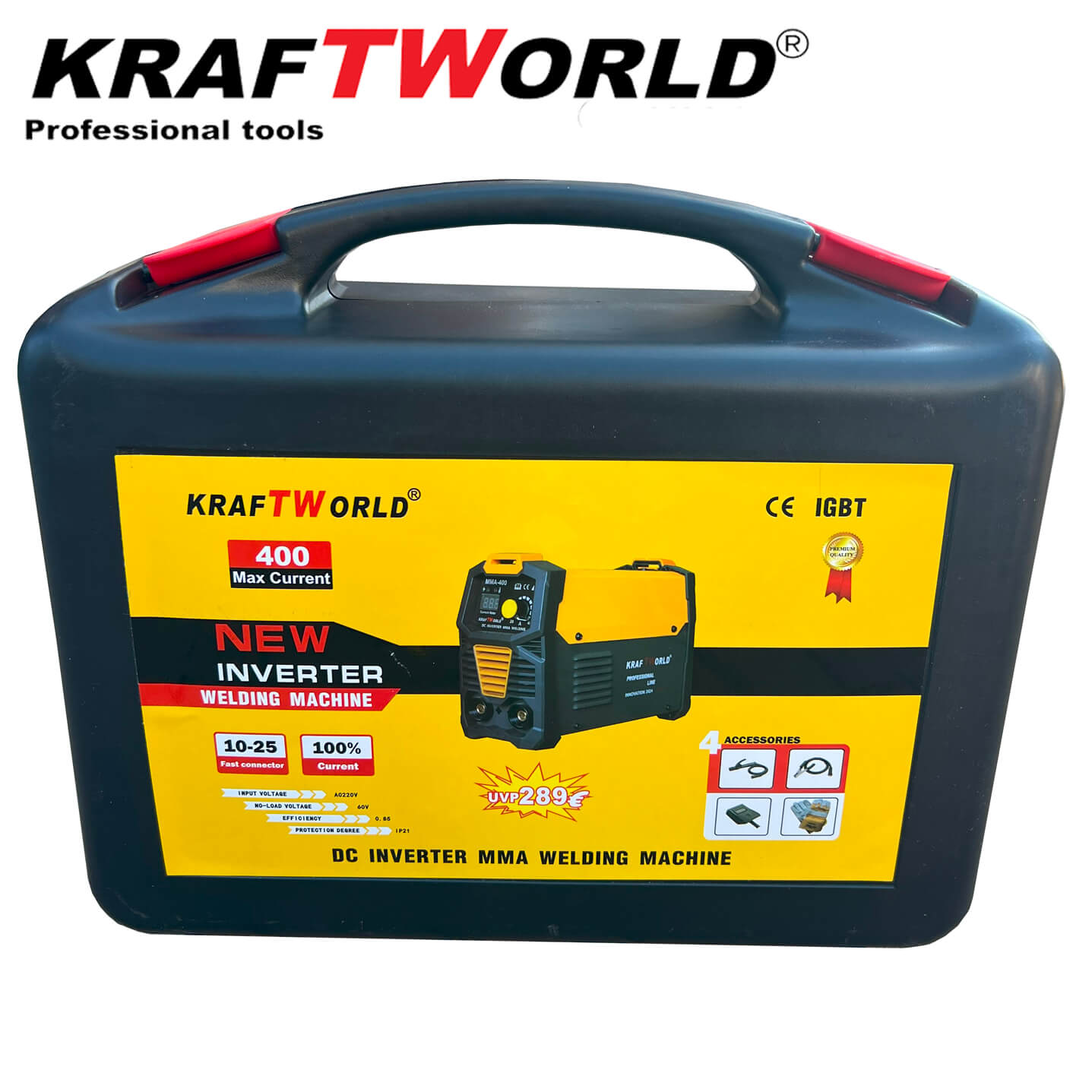 Инверторен Електрожен 400А KraftWorld с Дисплей и Куфар + Подаръци