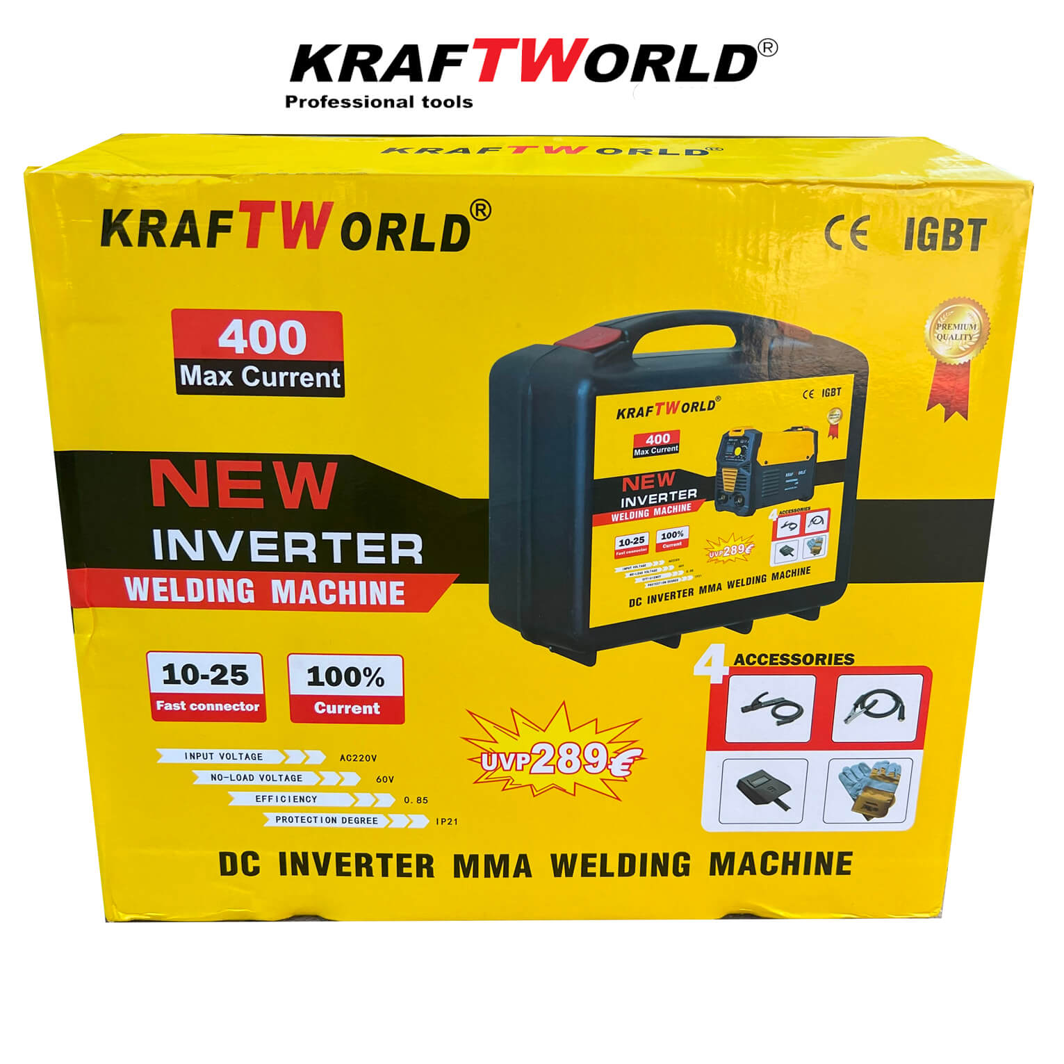 Инверторен Електрожен 400А KraftWorld с Дисплей и Куфар + Подаръци