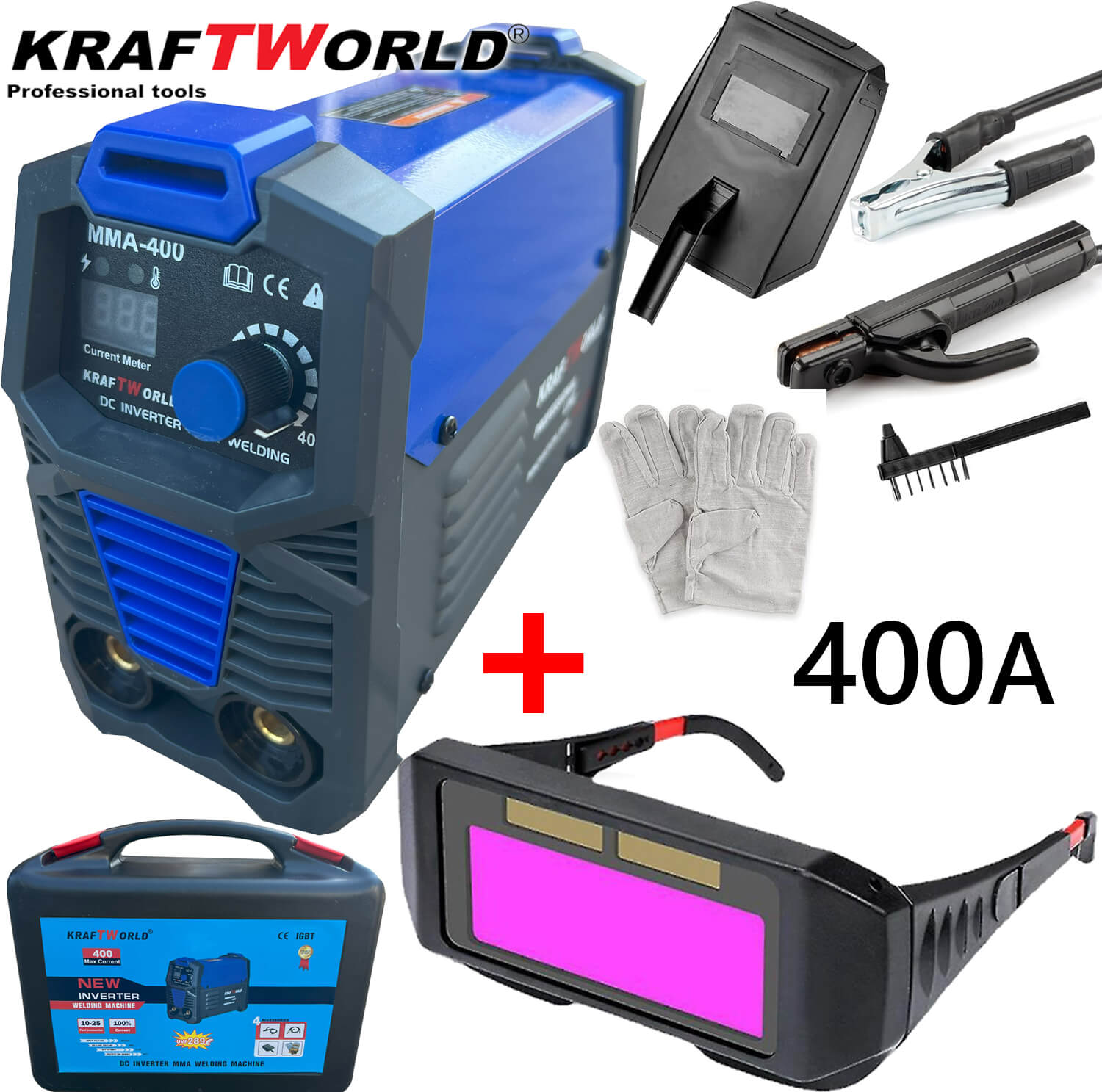 Инверторен Електрожен 400А KraftWorld + Соларни Очила – с Дисплей, Куфар, Кабели, Маска, Чукче