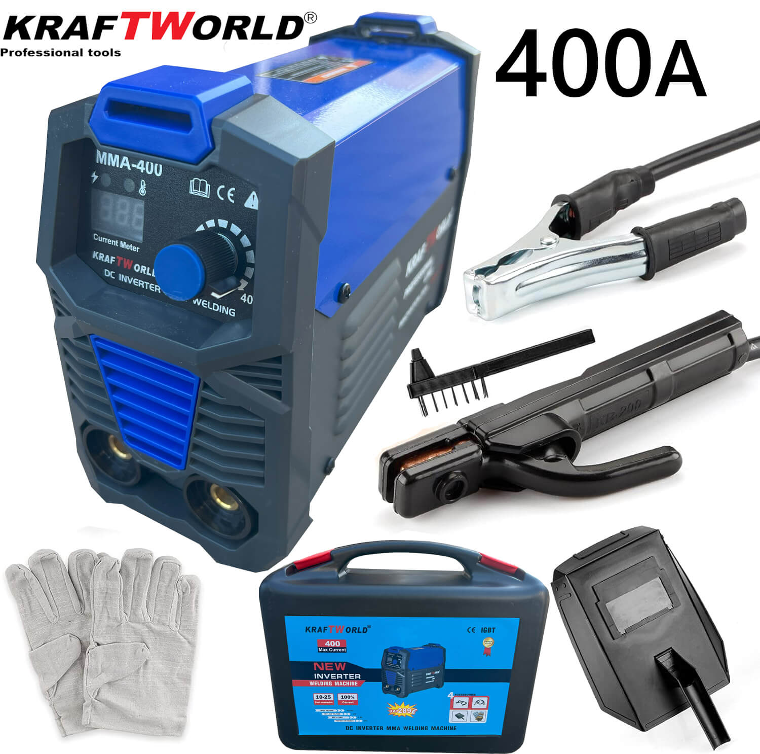 Инверторен Електрожен 400А KraftWorld с Дисплей и Куфар + Подаръци