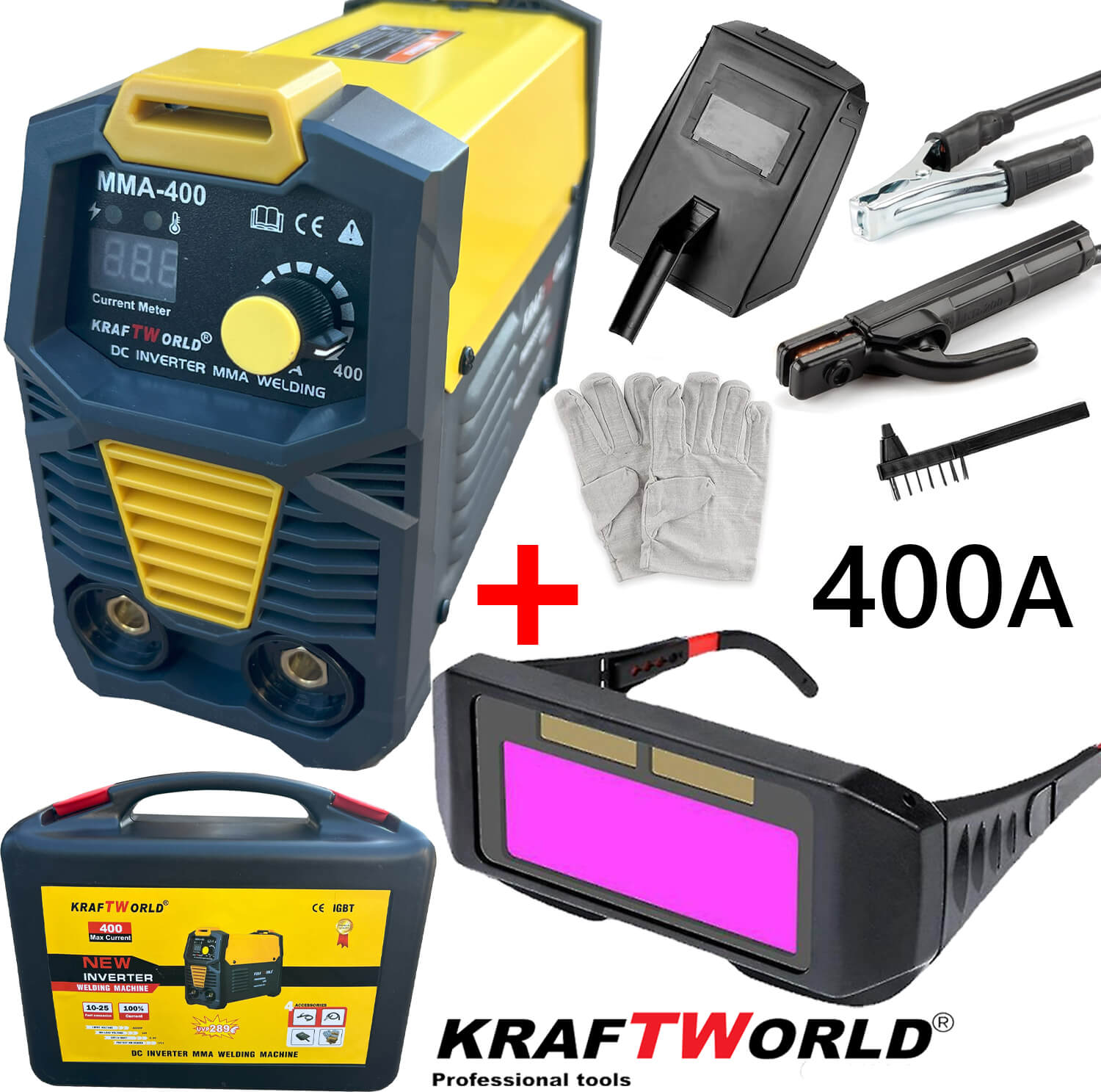 Инверторен Електрожен 400А KraftWorld + Соларни Очила – с Дисплей, Куфар, Кабели, Маска, Чукче
