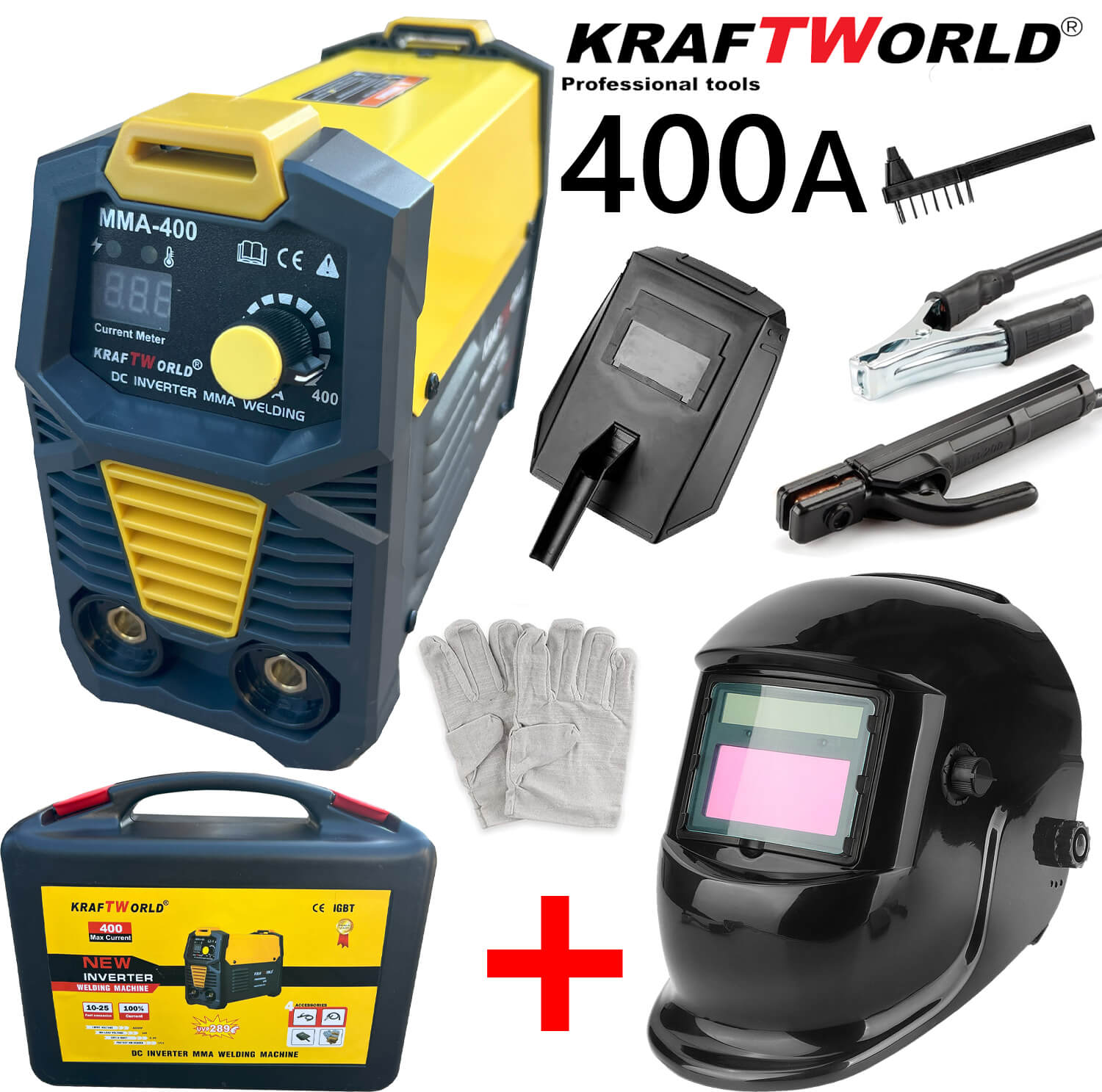 Инверторен Електрожен 400А KraftWorld + Соларна Маска – с Дисплей, Куфар, Кабели, Маска, Чукче