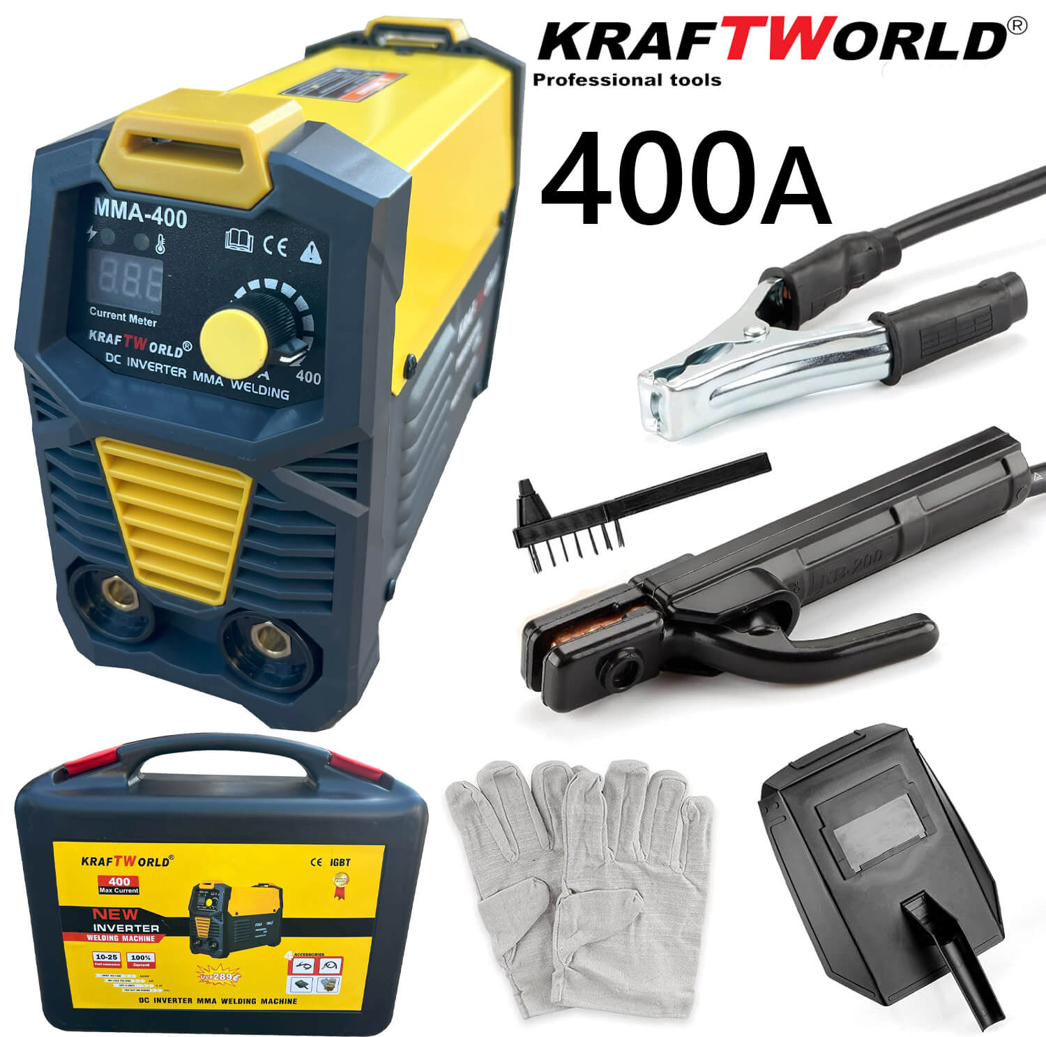Инверторен Електрожен 400А KraftWorld с Дисплей и Куфар + Подаръци