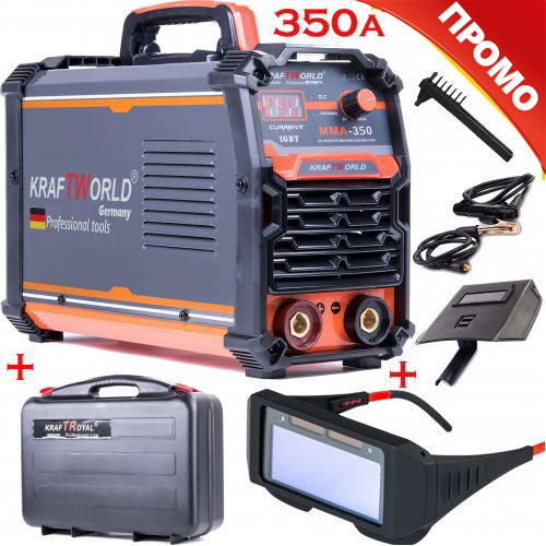 Инверторен Електрожен KraftWorld  350А с Водоустойчив Kуфар + Соларни Заваръчни Очила