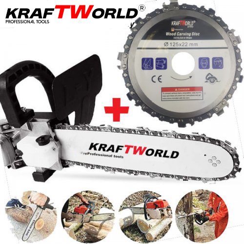 Комплект Приставка кастрачка + диск с верига за ъглошлайф KraftWorld   