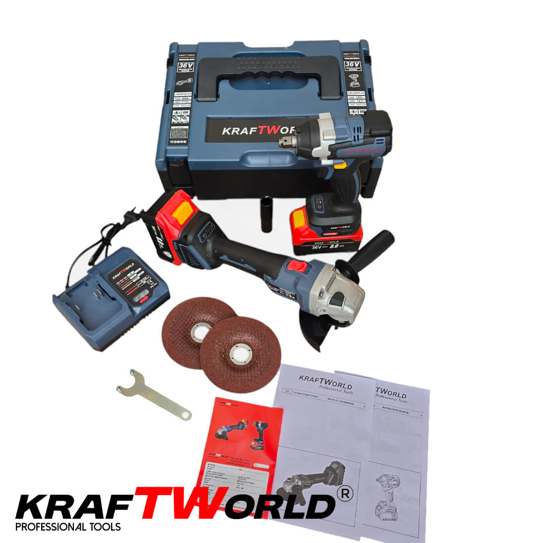 Комплект Гайковерт и Ъглошлайф Kraftworld 36V 8Ah с две батерии и куфар
