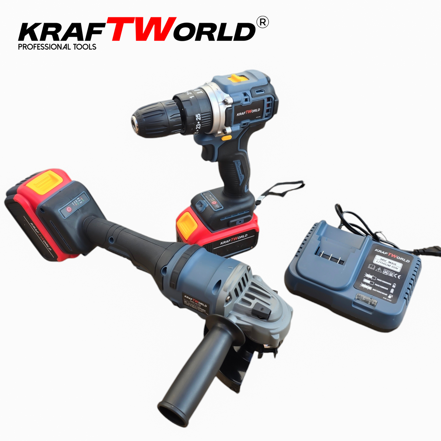 Акумулаторни Ударен Винтоверт и Безчетков Ъглошлайф KraftWorld