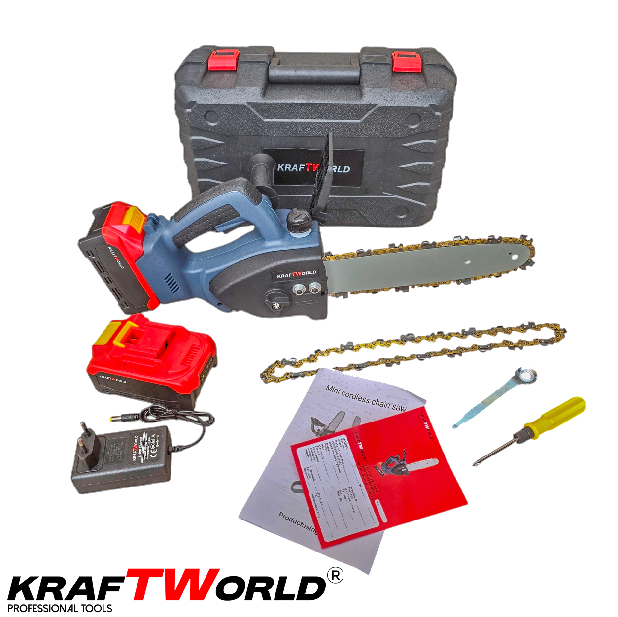 Акумулаторна резачка KraftWorld - Трион с автоматично омасляване и 2 батерии