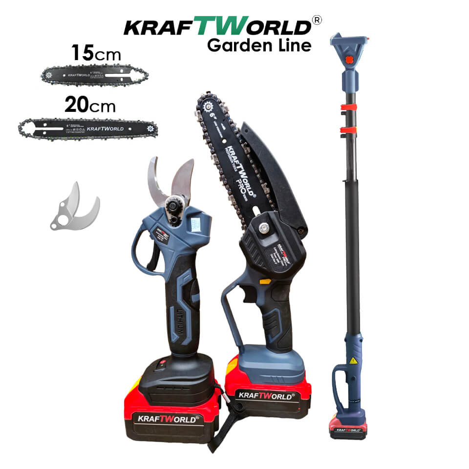 3в1 Акумулаторен Градински Комплект KraftWorld – Резачка, Ножица и Телескопичен Прът