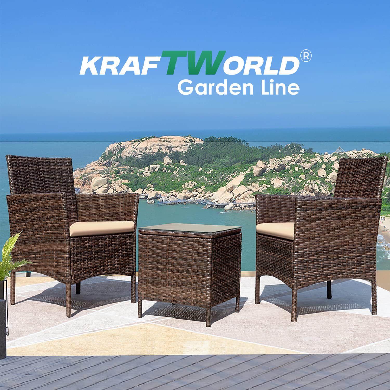 Комплект Ратанови Столове с Маса Kraftworld Garden - 3 части Градински сет две Кресла и маса