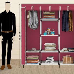 Трикрилен текстилен гардероб с 8 рафта и лост за дрехи