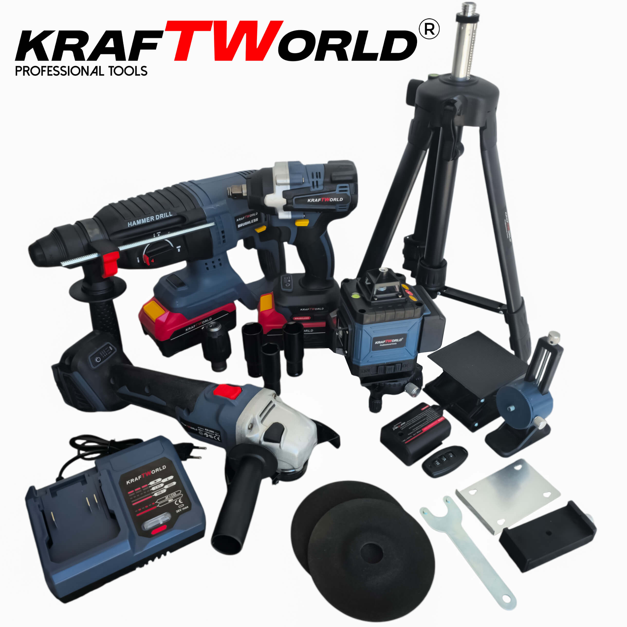 Акумулаторен Сет 5в1 KraftWorld – Лазерен Нивелир,  Перфоратор, Ъглошлайф, Гайковерт - Винтоверт в куфар