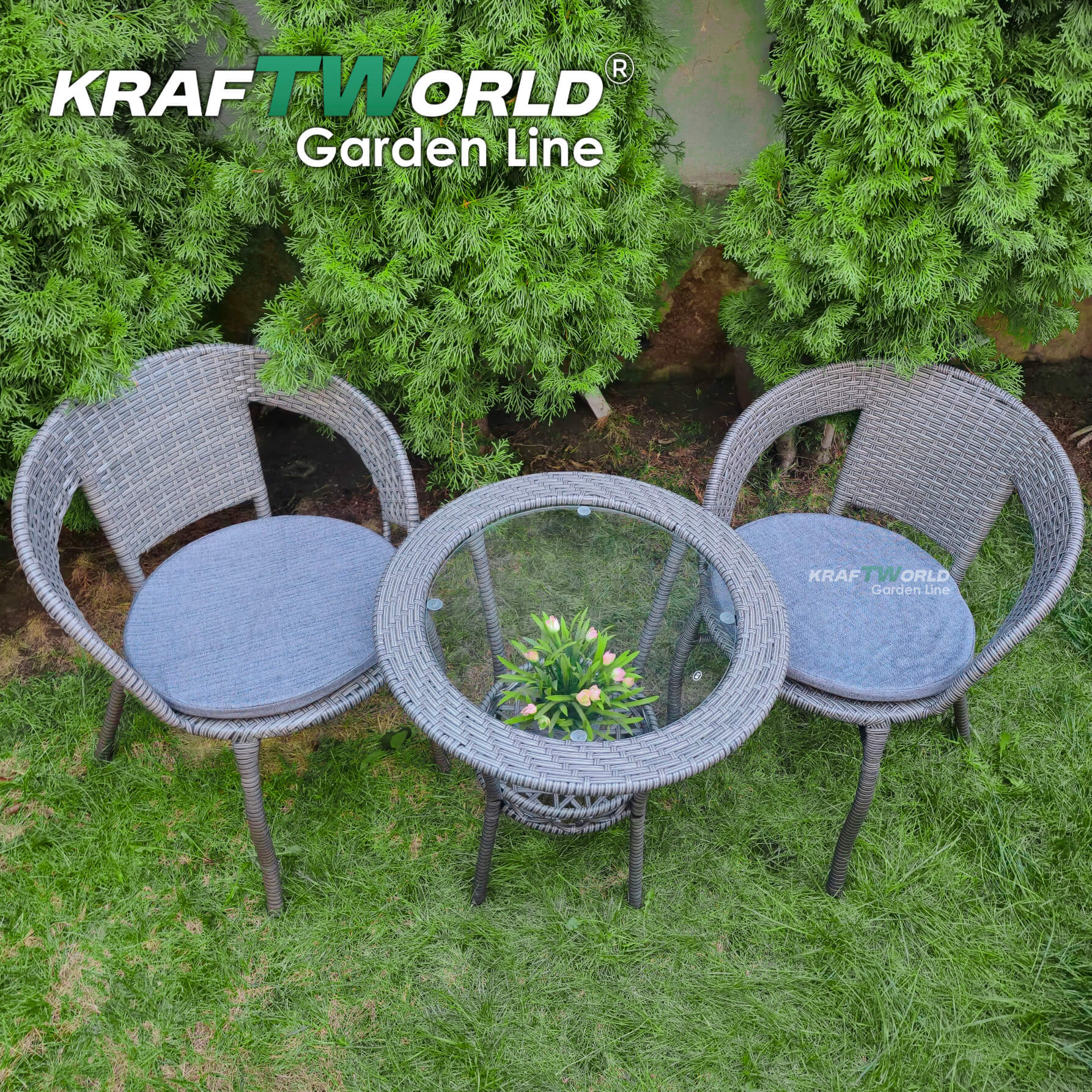 Елегантен Ратанов Комплект Teresa – Премиум Сиво – маса с поставка и два стола Градински мебели Елегантен Ратанов Комплект Teresa – Премиум Сиво - маса с поставка и два стола