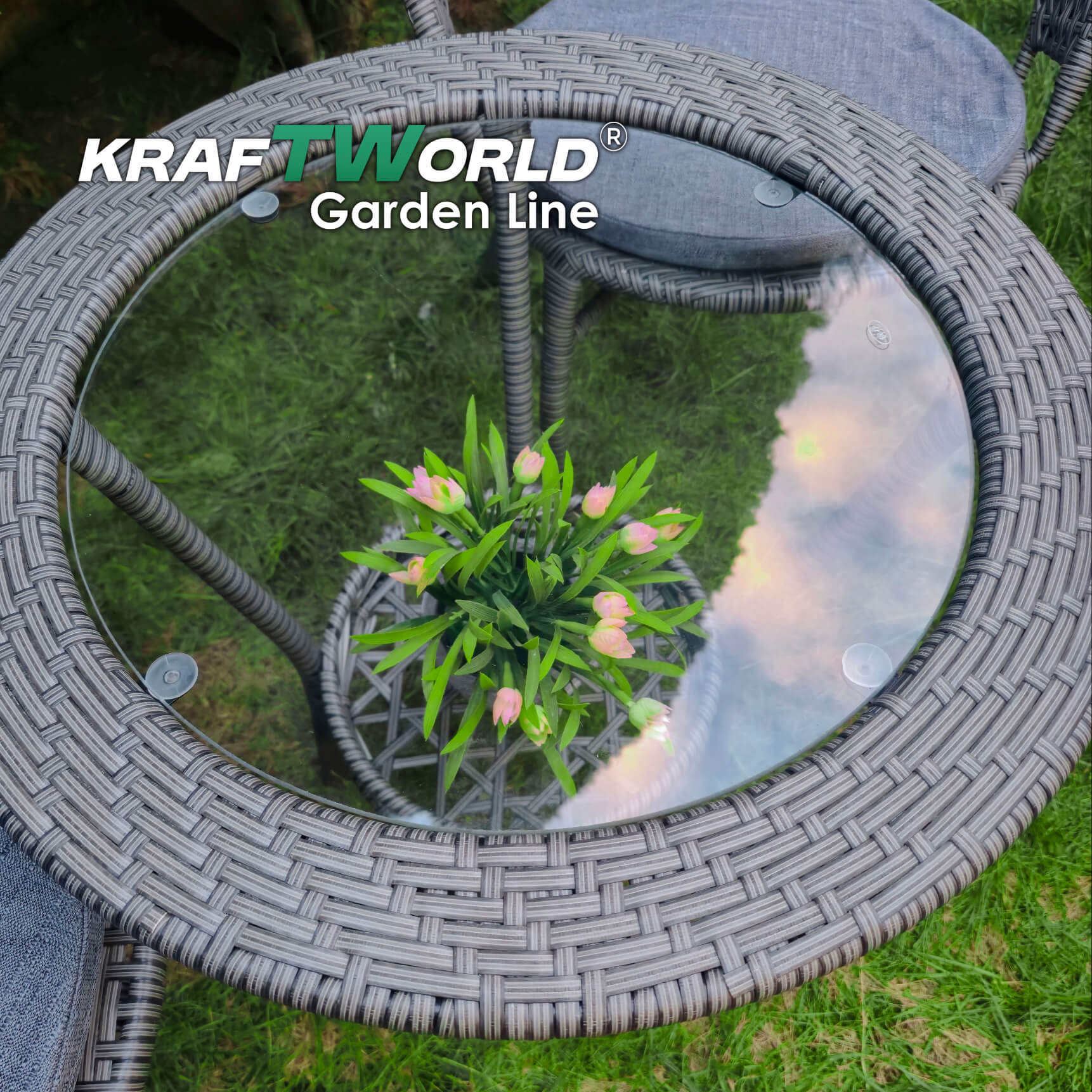 Елегантен Ратанов Комплект Teresa – Премиум Сиво – маса с поставка и два стола Градински мебели Елегантен Ратанов Комплект Teresa – Премиум Сиво - маса с поставка и два стола