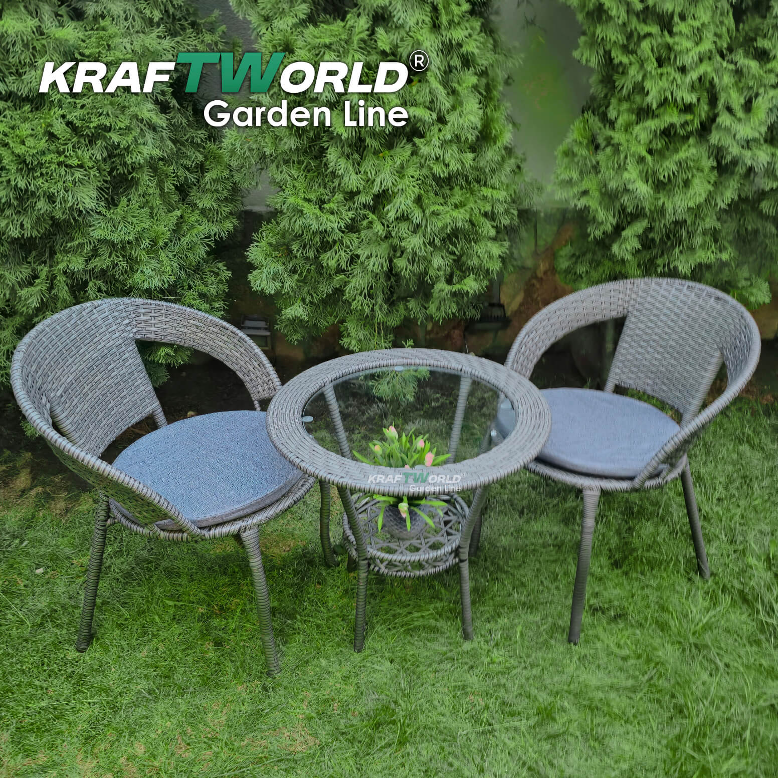 Елегантен Ратанов Комплект Teresa – Премиум Сиво – маса с поставка и два стола Градински мебели Елегантен Ратанов Комплект Teresa – Премиум Сиво - маса с поставка и два стола