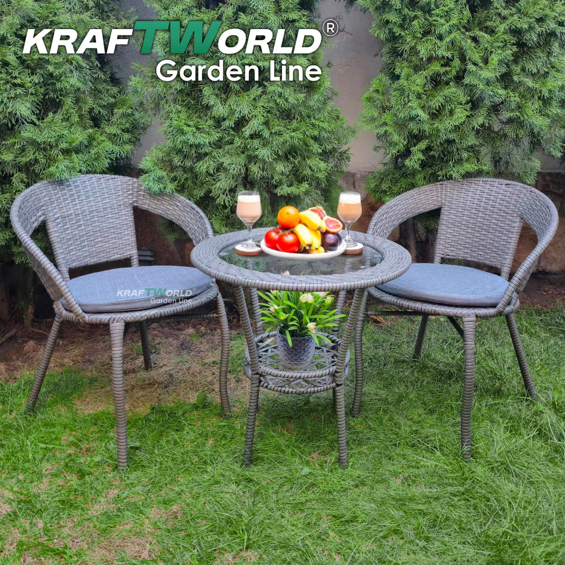 Елегантен Ратанов Комплект Teresa – Премиум Сиво – маса с поставка и два стола Градински мебели Елегантен Ратанов Комплект Teresa – Премиум Сиво - маса с поставка и два стола