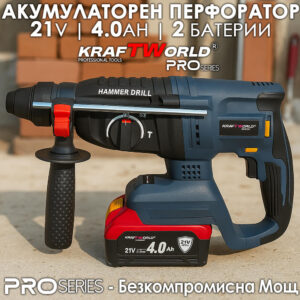 Акумулаторен перфоратор Kraftworld Pro– 21V, 4.0Ah, безчетков мотор, 2 батерии Акумулаторни Акумулаторен перфоратор Kraftworld Pro– 21V, 4.0Ah, безчетков мотор, 2 батерии