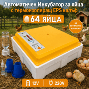 Инкубатор за 64 яйца с термоизолация и автоматично обръщане – 12V/220V