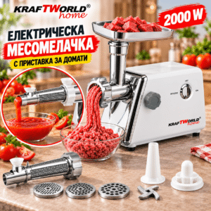 Месомелачка за месо и домати KraftWorld 2000W с неръждаем нож, 3 репетки и приставки