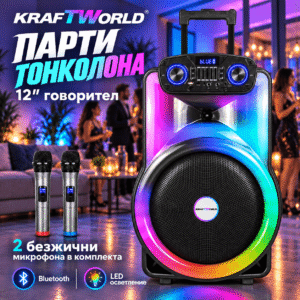 Парти тонколона KraftWorld 12 инча с акумулаторна батерия и 2 микрофона